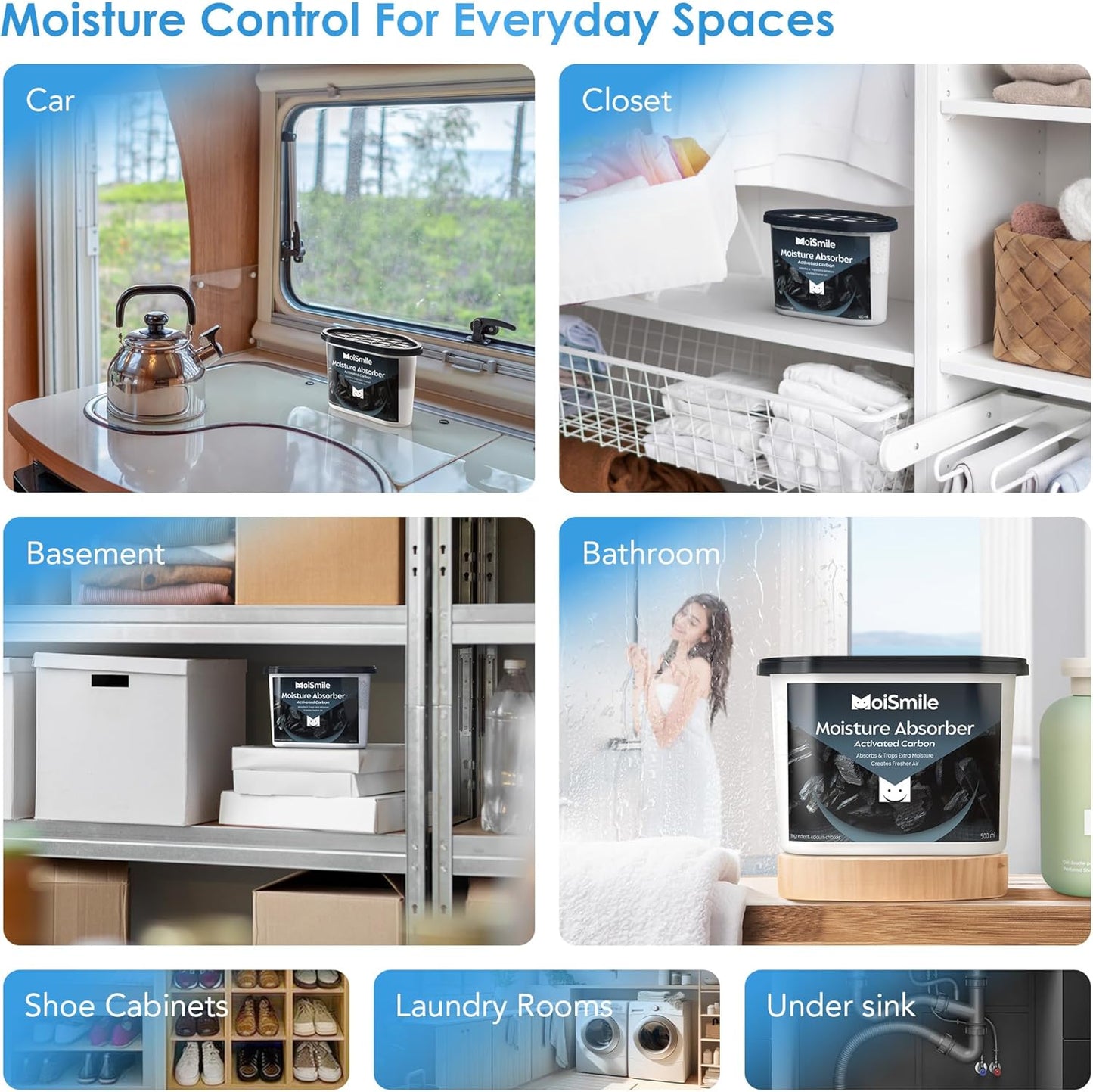 Moisture Absorbers with Activated Charcoal, Humidity Control & Air Deodorizing Preparations for Closet, Bathroom, Basement, Car & RV, 3 Pack