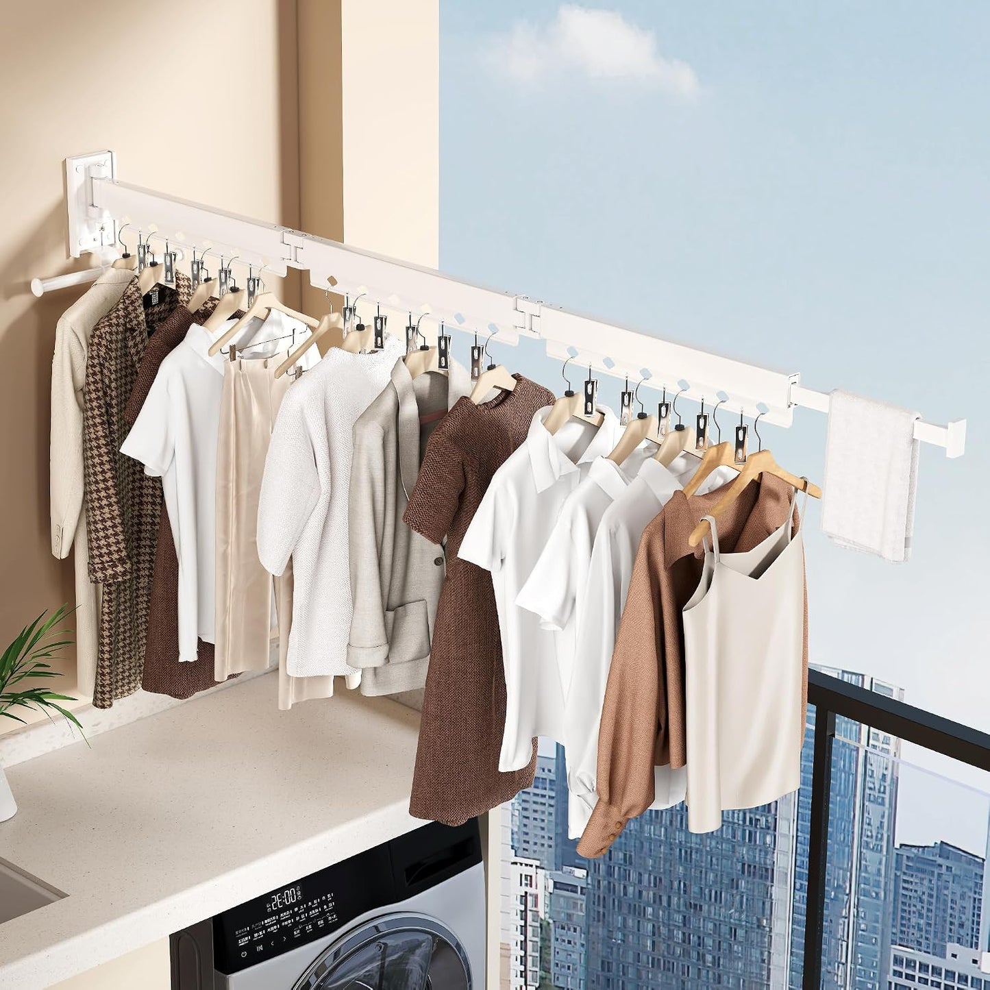 Wall Mounted Tri-Fold Clothes Drying Rack, Heavy Duty Collapsible Laundry Drying Rack, Space-Saving Retractable Foldable Drying Rack Clothes for Laundry Room Balcony Bathroom,Black-Hooks
