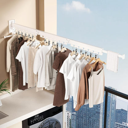 Wall Mounted Tri-Fold Clothes Drying Rack, Heavy Duty Collapsible Laundry Drying Rack, Space-Saving Retractable Foldable Drying Rack Clothes for Laundry Room Balcony Bathroom,Black-Hooks