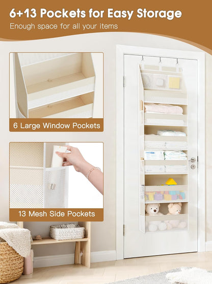 Criusia Over The Door Organizer, Heavy-Duty 6-Shelf Hanging Storage with 13 Mesh Pockets, 55lbs Capacity Behind The Door Storage for Nursery, Bathroom, Bedroom, and Dorm, Grey