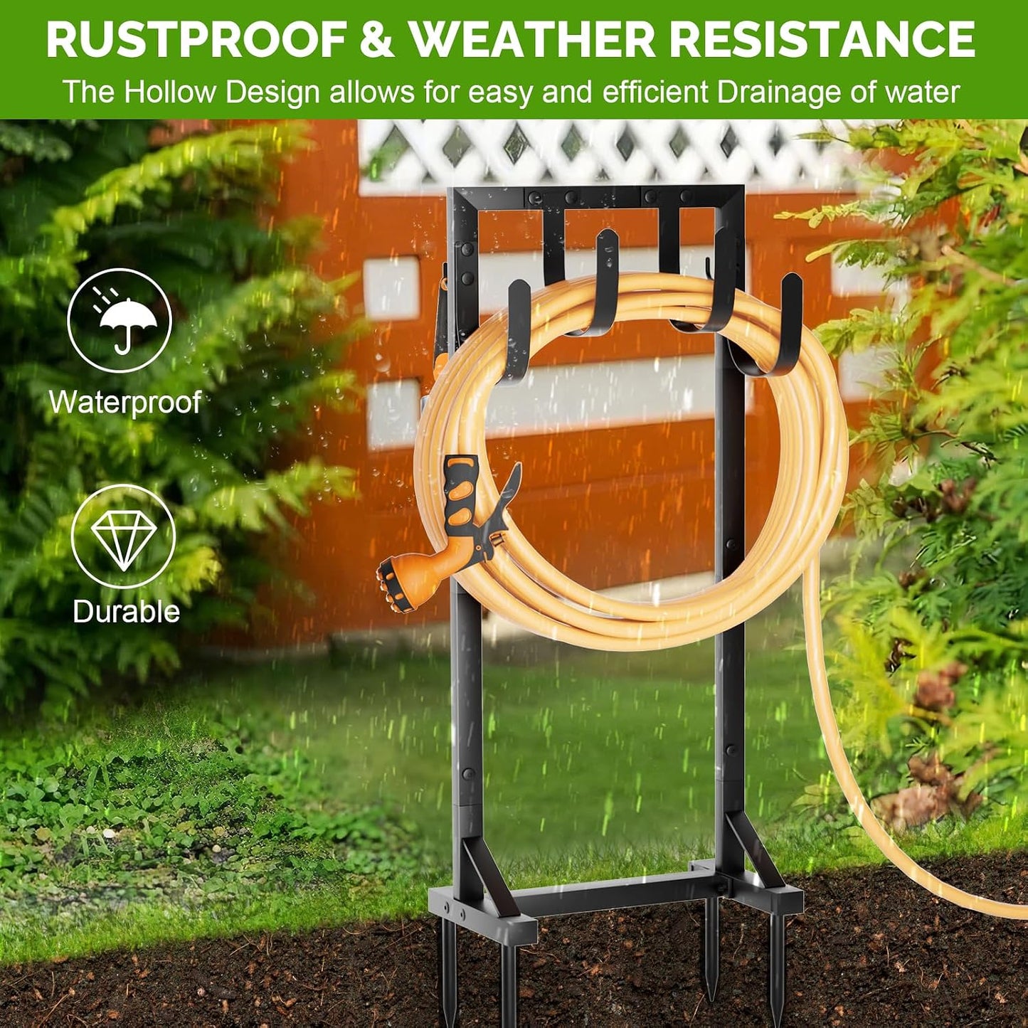 Garden Hose Holder with Stable Base and Tool Hooks, GAVISCITY Heavy-Duty Metal Hose Hanger Garden Hose Storage Holds 151Ft Hose, Rustproof Freestanding Water Hose Holder for Outside, Yard, Lawn, Black