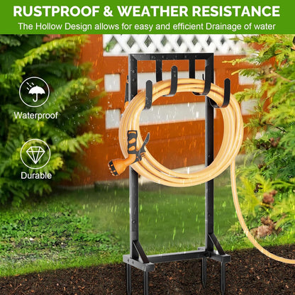 Garden Hose Holder with Stable Base and Tool Hooks, GAVISCITY Heavy-Duty Metal Hose Hanger Garden Hose Storage Holds 151Ft Hose, Rustproof Freestanding Water Hose Holder for Outside, Yard, Lawn, Black