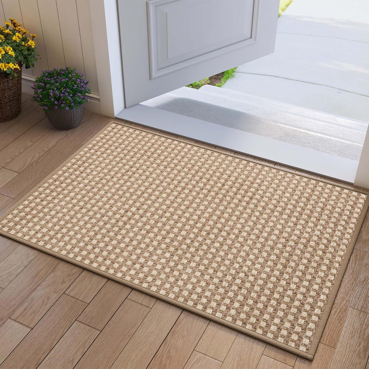 Front Door Mat 17''x30'', Absorbent Dirt Resist Washable Non Slip Low-Profile Indoor Doormat, Easy Clean Welcome Entryway Door Mats, Brown