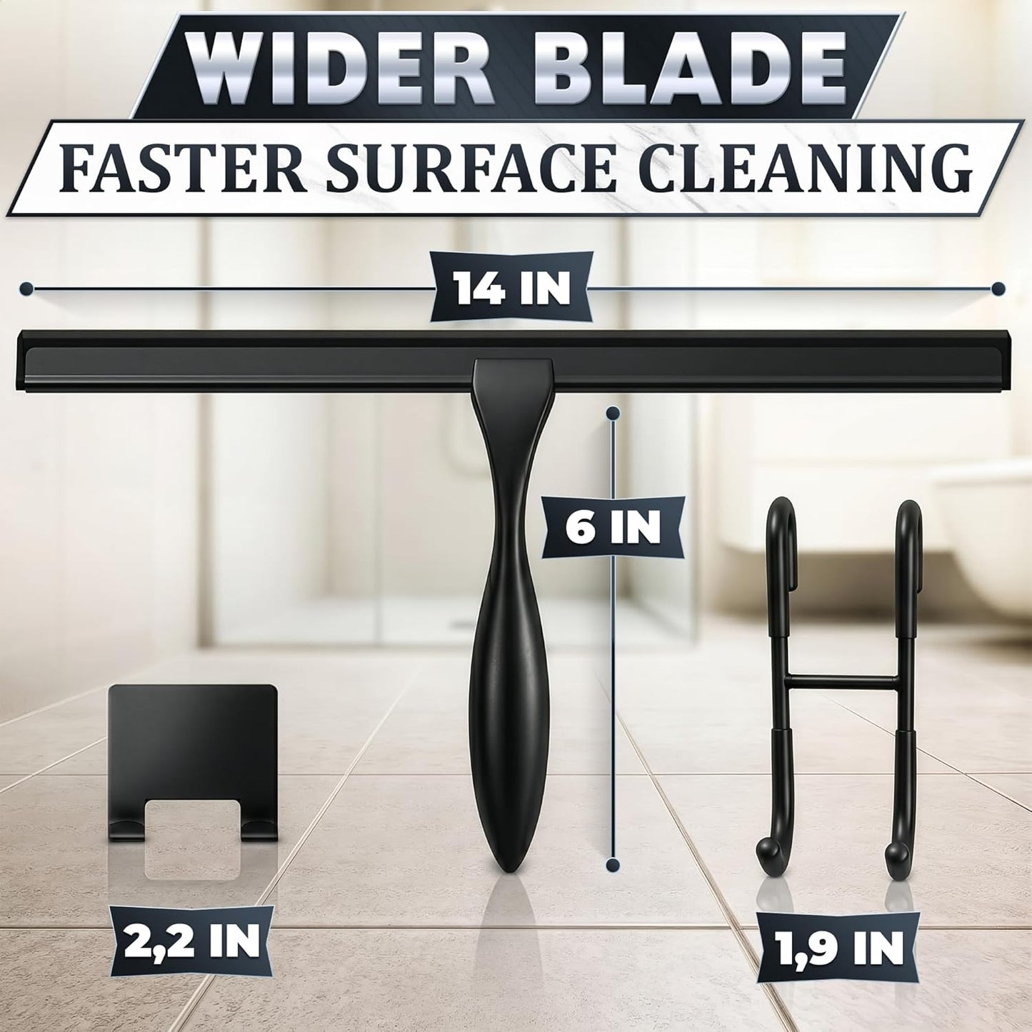 Shower Door Squeegee with Adhesive & Hanging Hooks, 12" Silicone Blade - Stainless Steel All-Purpose Squeegee for Shower Glass, Bathroom Mirror Cleaner Tool Suitable for Tile Walls - Multi-Surface Use