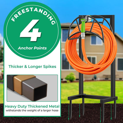 TomCare Garden Hose Holder 4 Spikes Garden Hose Reel Hose Stand Upgraded Water Hose Storage with Tool Hooks Garden Hose Hanger Organizer Holds 160ft Hoses for Outside Yard Lawn, Black