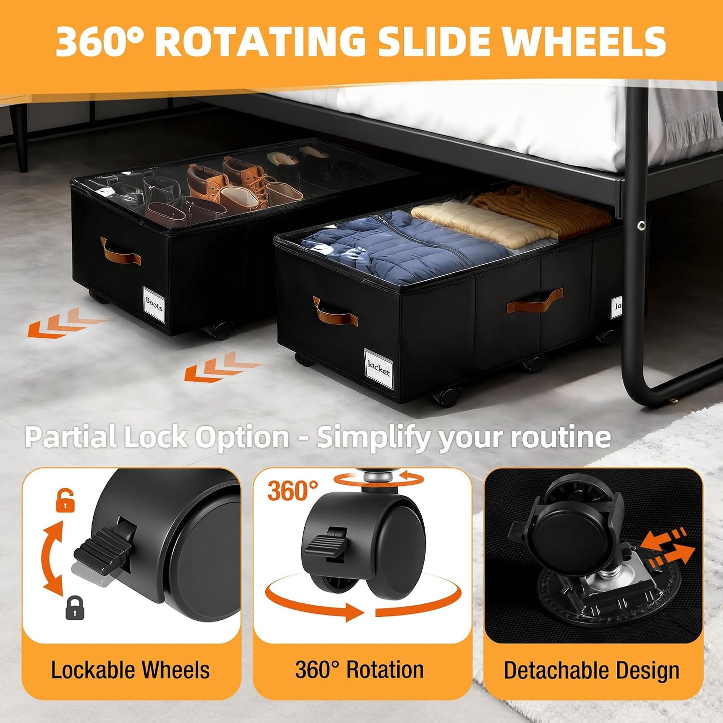 Under Bed Storage with Wheels,Underbed Storage with Sturdy Sidewalls/Bottom, Clear Cover, Label and PU Handle, Rolling Under Bed Drawers for Clothes, Shoes, 6.5 Inch Height,Black, 2 Pack