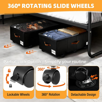 Under Bed Storage with Wheels,Underbed Storage with Sturdy Sidewalls/Bottom, Clear Cover, Label and PU Handle, Rolling Under Bed Drawers for Clothes, Shoes, 6.5 Inch Height,Black, 2 Pack