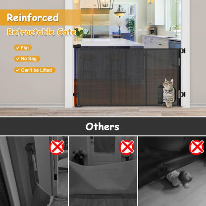 Reinforced 60” Wide Retractable Pet Gate with Cat Door Mesh Baby Gate for Stairs with Reinforced Strips Retractable Dog Gates with Cat Door Mesh Dog Gates for Doorways Separating Dogs from Cats, White