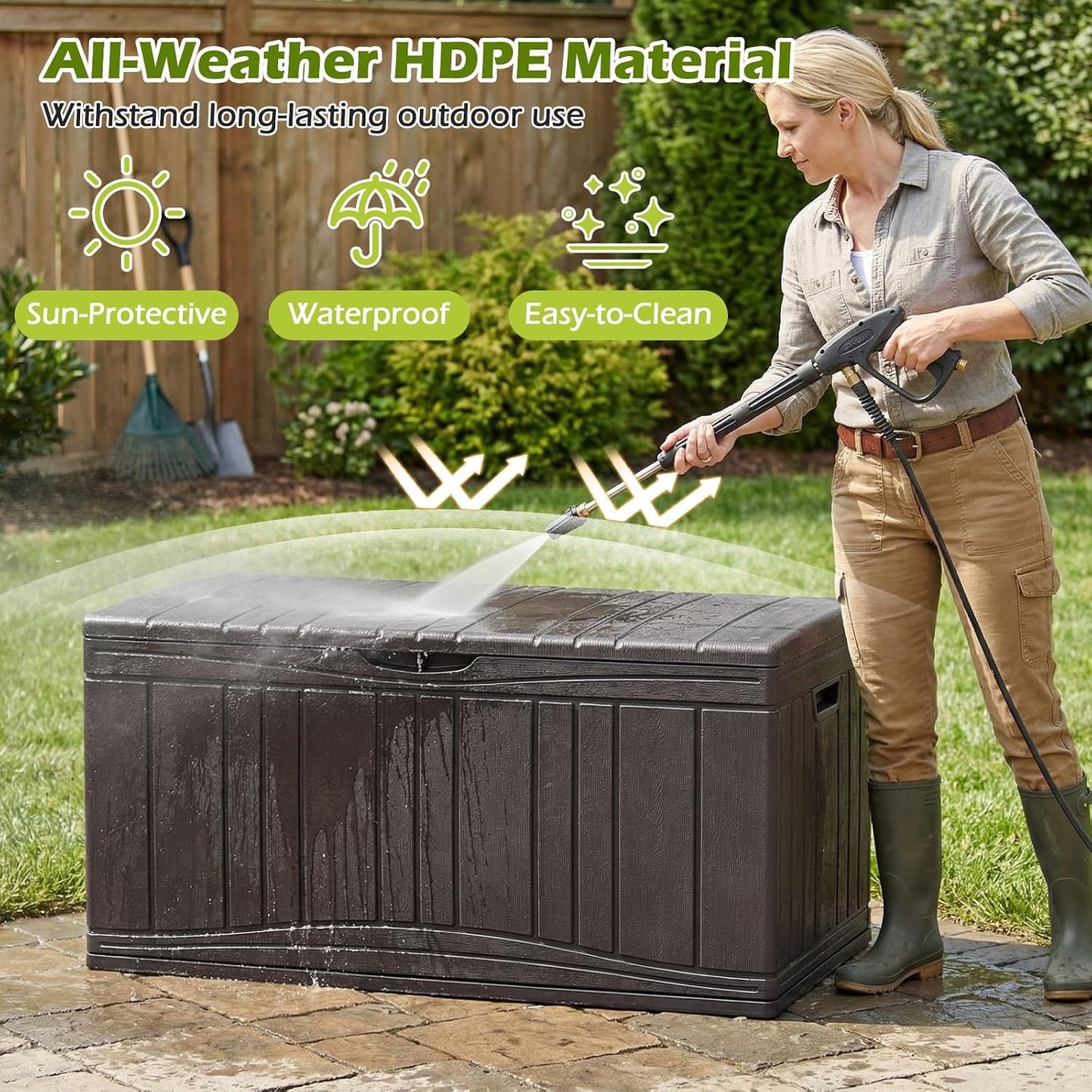 Tangkula 25 Gallon Waterproof Outdoor Storage Box with Lockable Lid | PP Resin, Wicker Patterned, Indoor Outdoor Use, Portable, Versatility, for Deck, Pool, Patio Cushions, Garden Tools