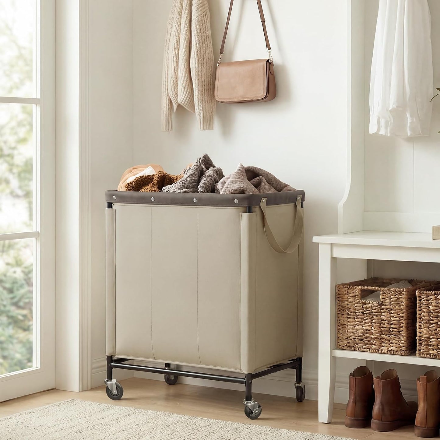 StorageWorks 3 Section Laundry Hamper, Rolling Laundry Cart with Wheels and Handles, Laundry Room Double Sorter for Organizer and Storage, 31.7 Gal(120L), Beige