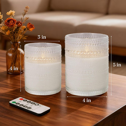 Dotted Glass Flameless Candles with Remote Timer, Real Wax Battery Operated LED Pillar Candles with 3D Flickering Flame for Festival Wedding Home Party Decor, 3" x 4", 4" x 5", Set of 2 (White)