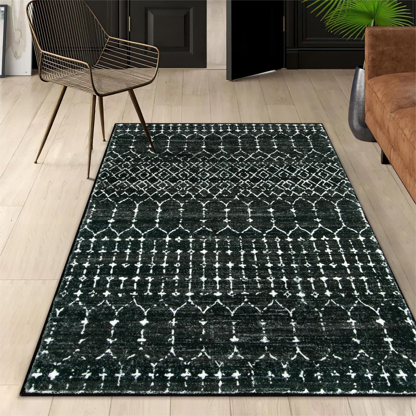 Lahome Moroccan Entry Rug 2x3, Non-Slip Washable Front Indoor Door Mat Rubber Backing Low-Profile Door Rugs, Small Geometric Print Distressed for Entryway Bathroom Kitchen, Black Hana