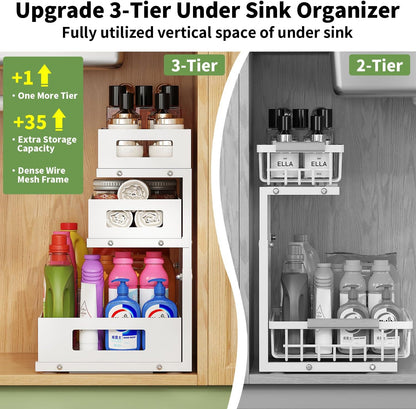3-Tier Under Sink Organizer,2 Pack Height Adjustable Pull Out Cabinet Organizer Shelf, Thickened Metal Slide out Storage Drawer Rack for Bathroom Laundry Room Kitchen Pantry Organization (White)