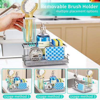 HapiRm Sink Caddy Sponge Holder - Kitchen Sink Organizer with Instant Drying Stone and Brush Holder, Stainless Steel Sponge Caddy for Kitchen Countertop - Black