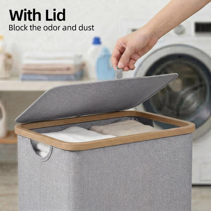 efluky Slim Laundry Basket with Lid, Narrow Laundry Hamper with Removable Bag, Skinny Dirty Clothes Basket with Bamboo Handles for Bathroom, Bedroom & Laundry Room, 75L Beige
