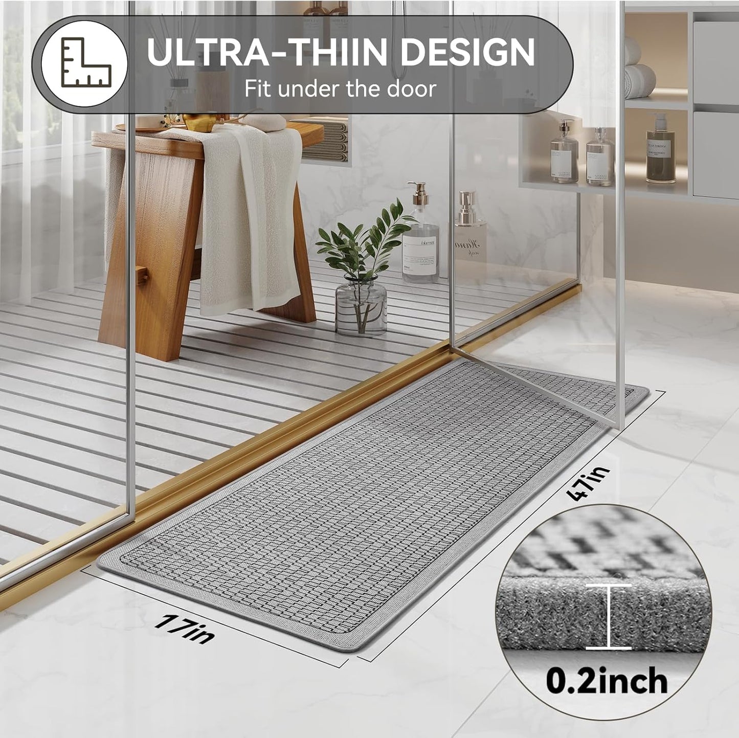 YDKGL Ultra Thin Bathroom Rugs Mat Quick Dry Absorbent Non Slip Bath Mat Bath Mats for Bathtub Mat Bathroom Carpet Fit Under Door Washable Floor Rubber Half Round Bath Rugs Grey 16x24