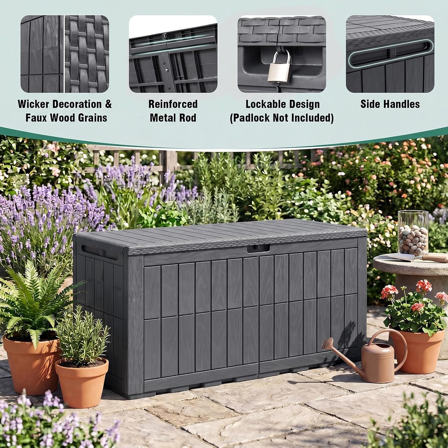 Tangkula 25 Gallon Waterproof Outdoor Storage Box with Lockable Lid | PP Resin, Wicker Patterned, Indoor Outdoor Use, Portable, Versatility, for Deck, Pool, Patio Cushions, Garden Tools