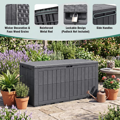 Tangkula 25 Gallon Waterproof Outdoor Storage Box with Lockable Lid | PP Resin, Wicker Patterned, Indoor Outdoor Use, Portable, Versatility, for Deck, Pool, Patio Cushions, Garden Tools