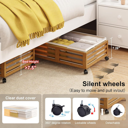 Under Bed Storage with Wheels-Large Bamboo Underbed storage Containers with Large Dust Bag Stackable Under the Bed Shoe Storage Bins for Clothes Books Bedding (2 Packs Nature, 23.62"L×16.54"W× 6.51"H)