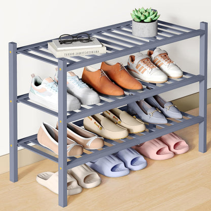 Smiry Bamboo Shoe Rack for Closet, 3 Tier Wooden Shoe Organizer, Stackable Wood Shoe Storage Shelf for Entryway, 14 Vertical Slats, One-piece Heavy-Duty Legs, 26.77"x11.02"x18.31", Natural