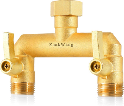 Heavy Duty Brass 2-Way Garden Hose Splitter, 3/4" GHT Threads, Metal Shutoff Valve, Long Handle