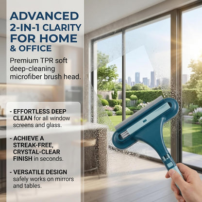 Window Screen Cleaning Brush with Long Handle, 2-in-1 Mesh Cleaner Tool & Squeegee, Double-Sided Multi-Purpose Scrubber for Glass, Sliding Door, Patio & Porch Screens (Blue)