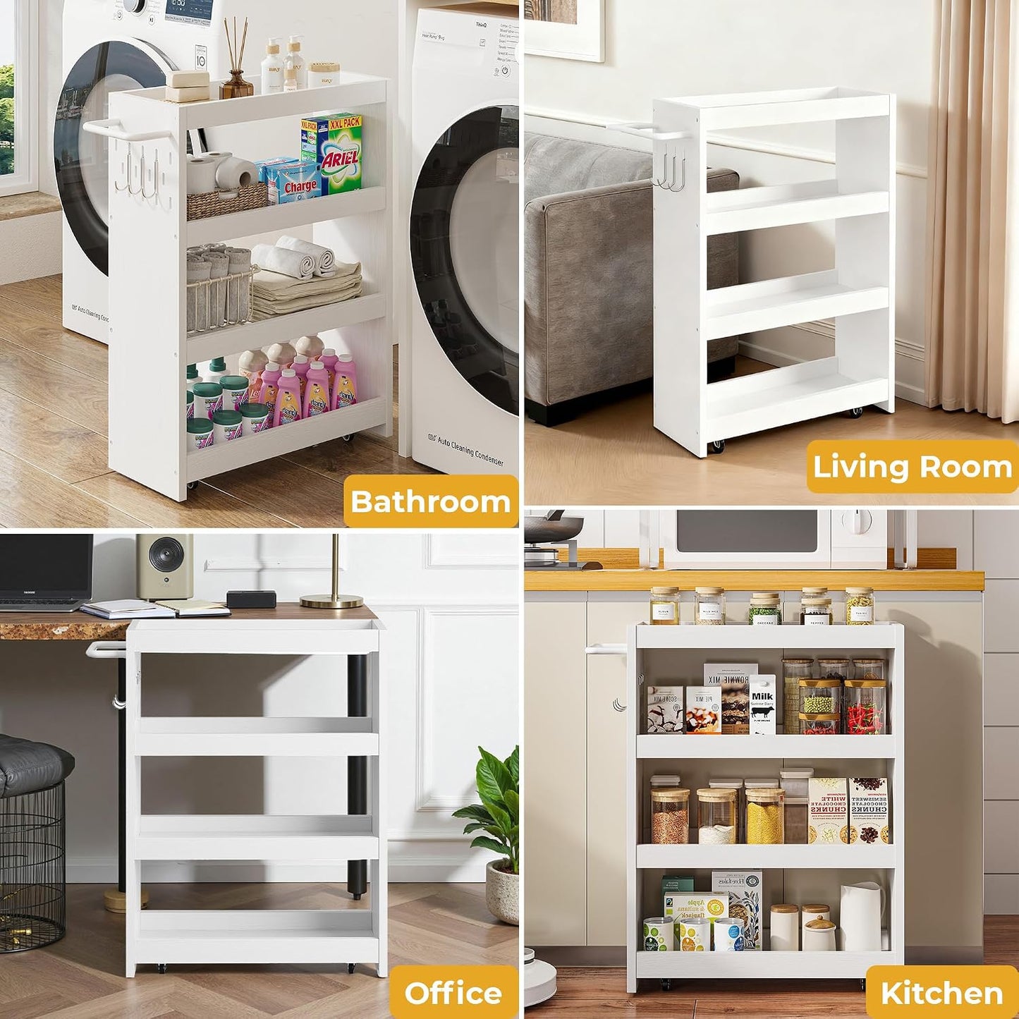 LIKIMIO 4 Tier Slim Storage Cart with Hooks, Wheels, Handle, Slide-Out Rolling Utility Cart for Small Spaces Kitchen, Narrow Mobile Shelving Unit Organizer Trolley, 23.6" L x 9.4" W