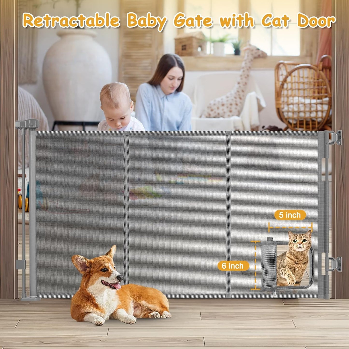 Reinforced 60” Wide Retractable Pet Gate with Cat Door Mesh Baby Gate for Stairs with Reinforced Strips Retractable Dog Gates with Cat Door Mesh Dog Gates for Doorways Separating Dogs from Cats, White