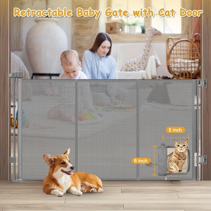 Reinforced 60” Wide Retractable Pet Gate with Cat Door Mesh Baby Gate for Stairs with Reinforced Strips Retractable Dog Gates with Cat Door Mesh Dog Gates for Doorways Separating Dogs from Cats, White
