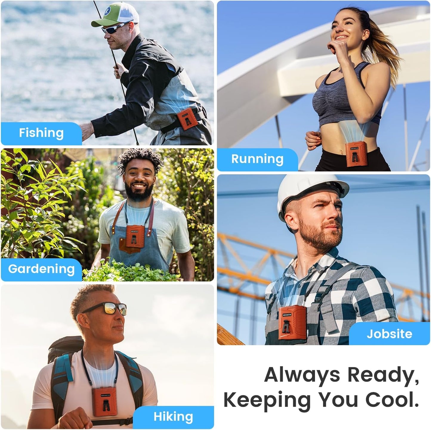KIBEE Portable Waist Fan, 12500RPM Rechargeable Wearable Belt Clip Fan, Hands Free Cooling Fan for Outdoor Work, Construction, Hiking, Camping, Fishing, Long Battery Life Personal Cooling Device