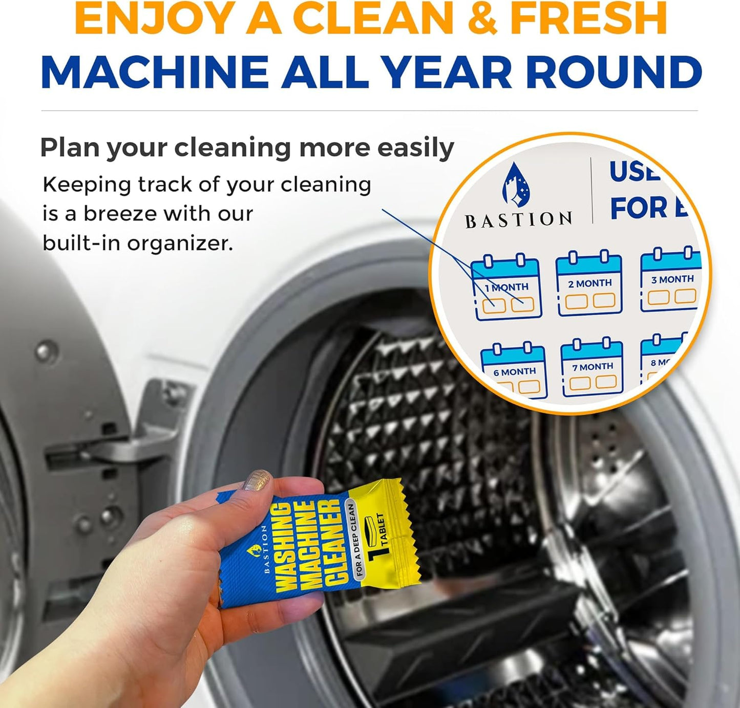 Bastion Washing Machine Cleaner, Deodorizer, & Descaler 6-Pack - Active Deep Cleaning Tablets For HE Front Loader & Top Load Washer, Septic Safe Eco-Friendly - 3 Month Supply