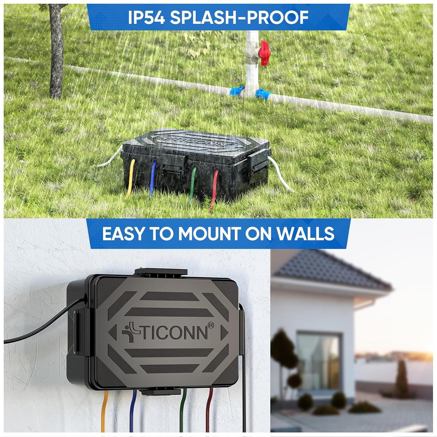 TICONN Outdoor Electrical Box, IP54 Splash-Proof Outdoor Extension Cord Cover, Protects Power Strip, Plug, Socket, Timer, Holiday Lights (Black, Small)