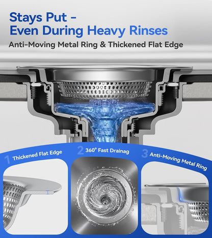 Anti-Clog Sink Drain Strainer Applicable to Different Kitchen Drains, Safe Design Stainless Steel Kitchen Sink Strainer, Drain Cover Filter Food Catcher Basket Easy to Clean - Inner Diameter 2.95 Inch