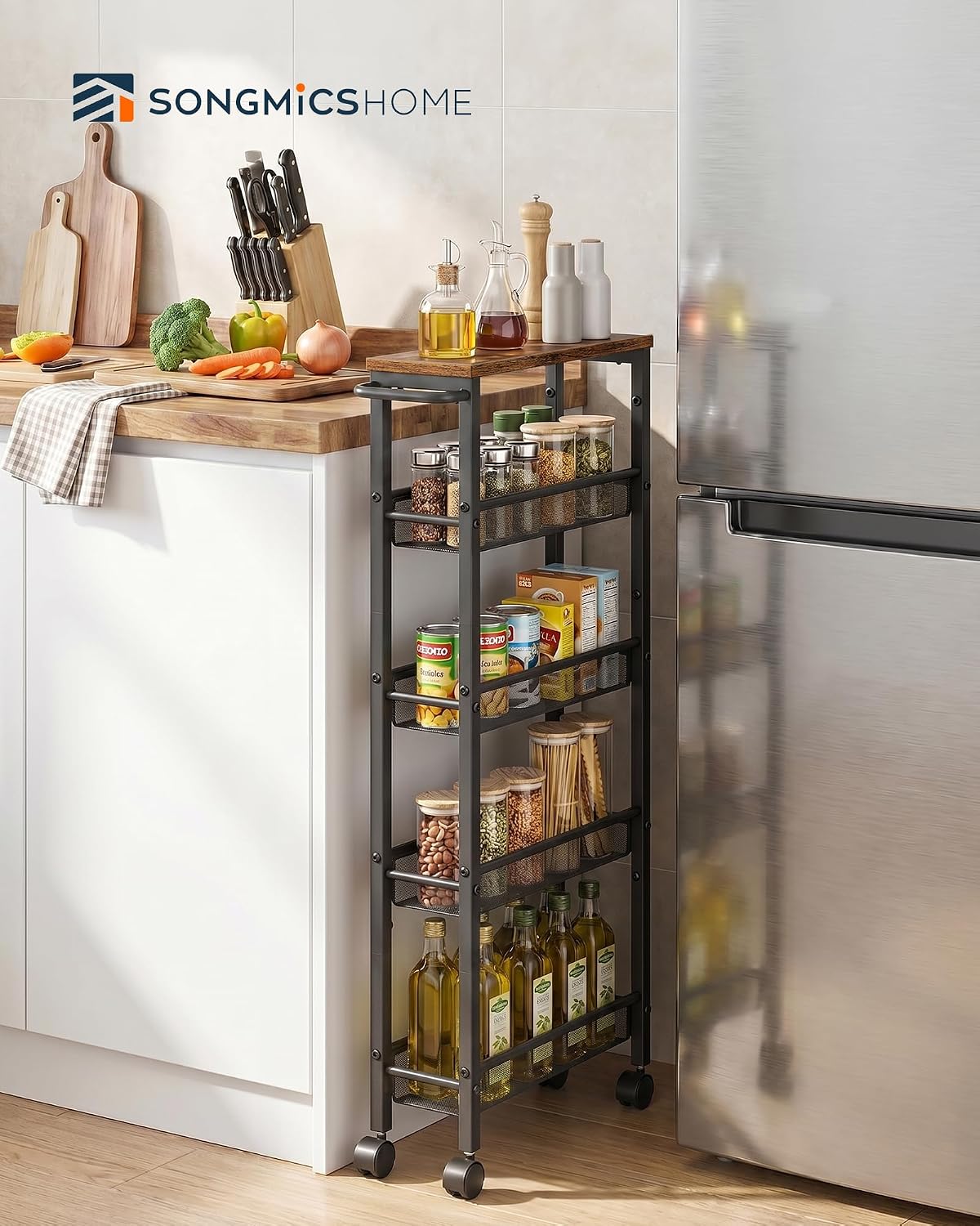 SONGMICS HOME Slim Rolling Cart, 4-Tier Storage Cart with Wheels and Handle, Narrow Utility Cart for Kitchen, Living Room, Brown and Black