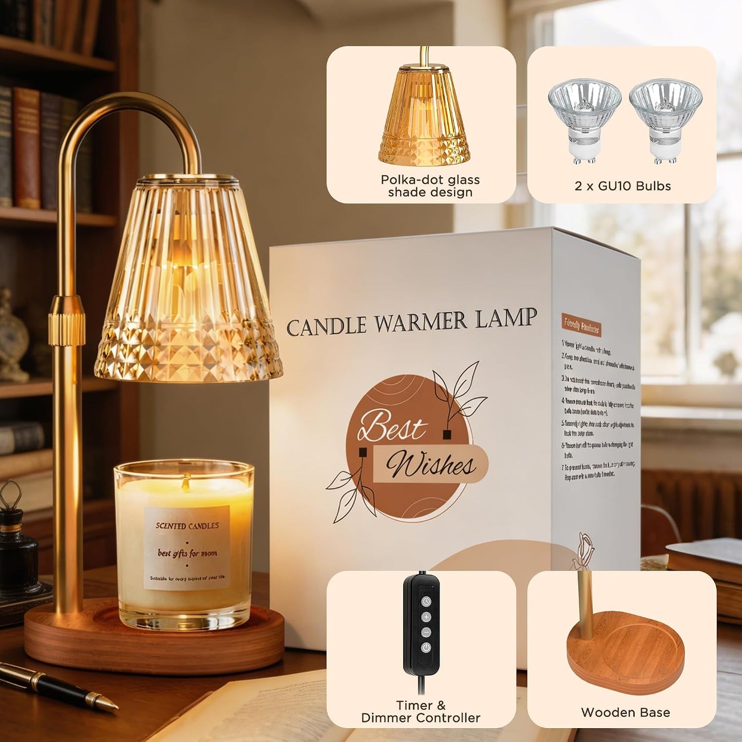 Candle Warmer Lamp with Timer Dimmable, Height Adjustable Wax Melt Warmer Lamp with 2 Bulbs, Flameless Candle Warmer for Home Decor, Birthday Gifts for Women Mom (Classic Gold)