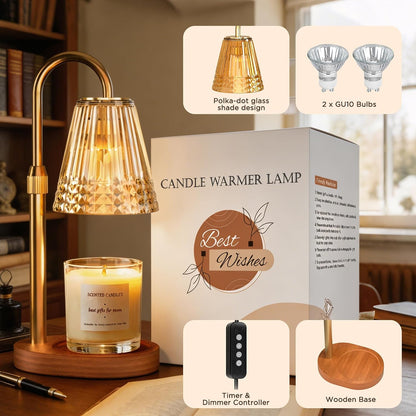 Candle Warmer Lamp with Timer Dimmable, Height Adjustable Wax Melt Warmer Lamp with 2 Bulbs, Flameless Candle Warmer for Home Decor, Birthday Gifts for Women Mom (Classic Gold)