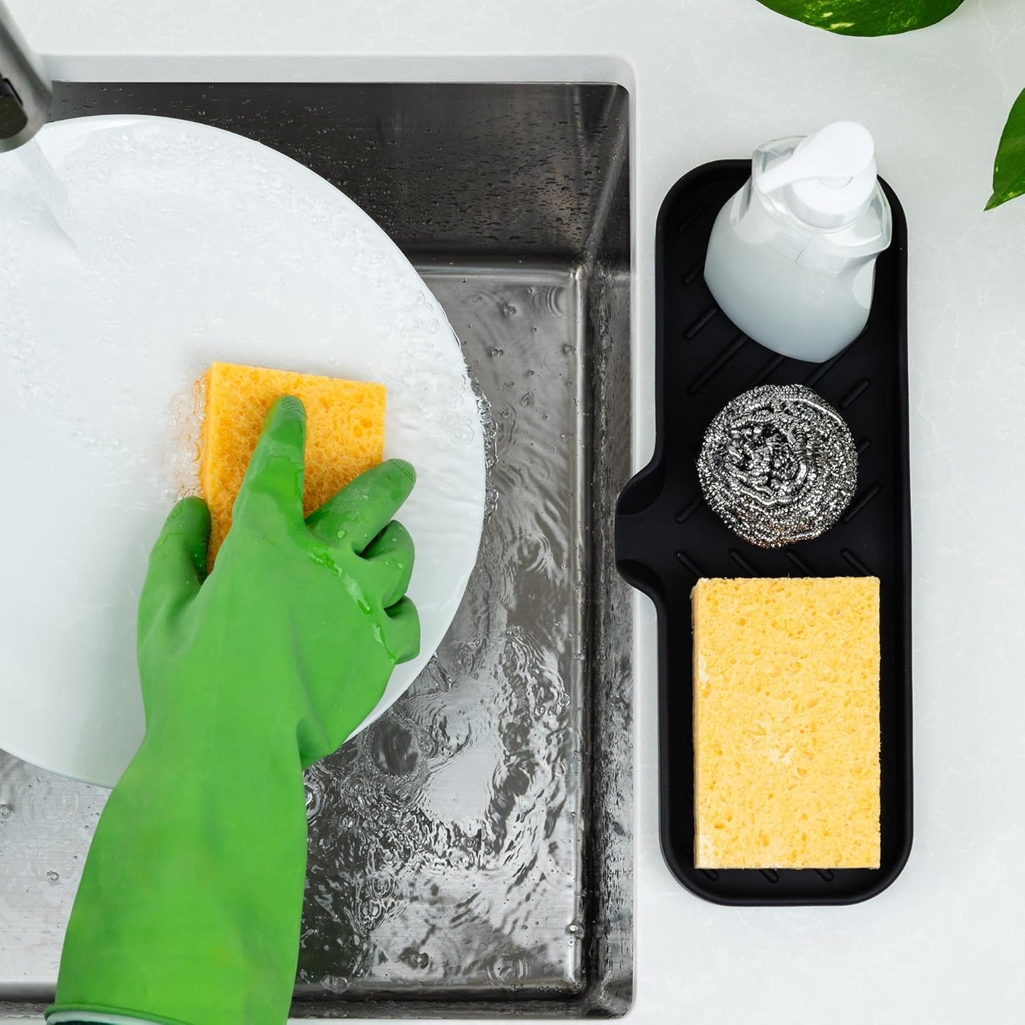 Zulay Kitchen (9x3.5in) Sponge Holder for Kitchen Sink - Flexible Heavy-Duty Multipurpose Sink Caddy - Counter Organizer for Kitchen, Bathroom, Makeup, Trinkets & More! (Grey)