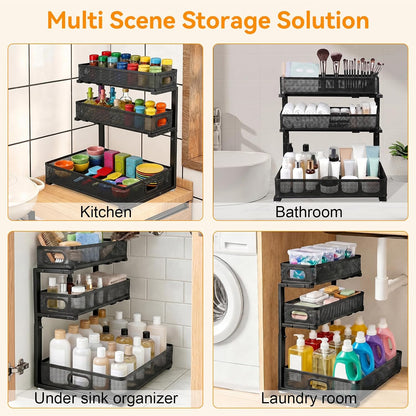 Under Sink Organizer for Bathroom, 3 Tier Adjustable Height Under Sink Storage, Sliding Pull Out Cabinet Organizer Shelf, Metal Multi-Purpose Cabinet Organizer for Kitchen (2 Pack, White)