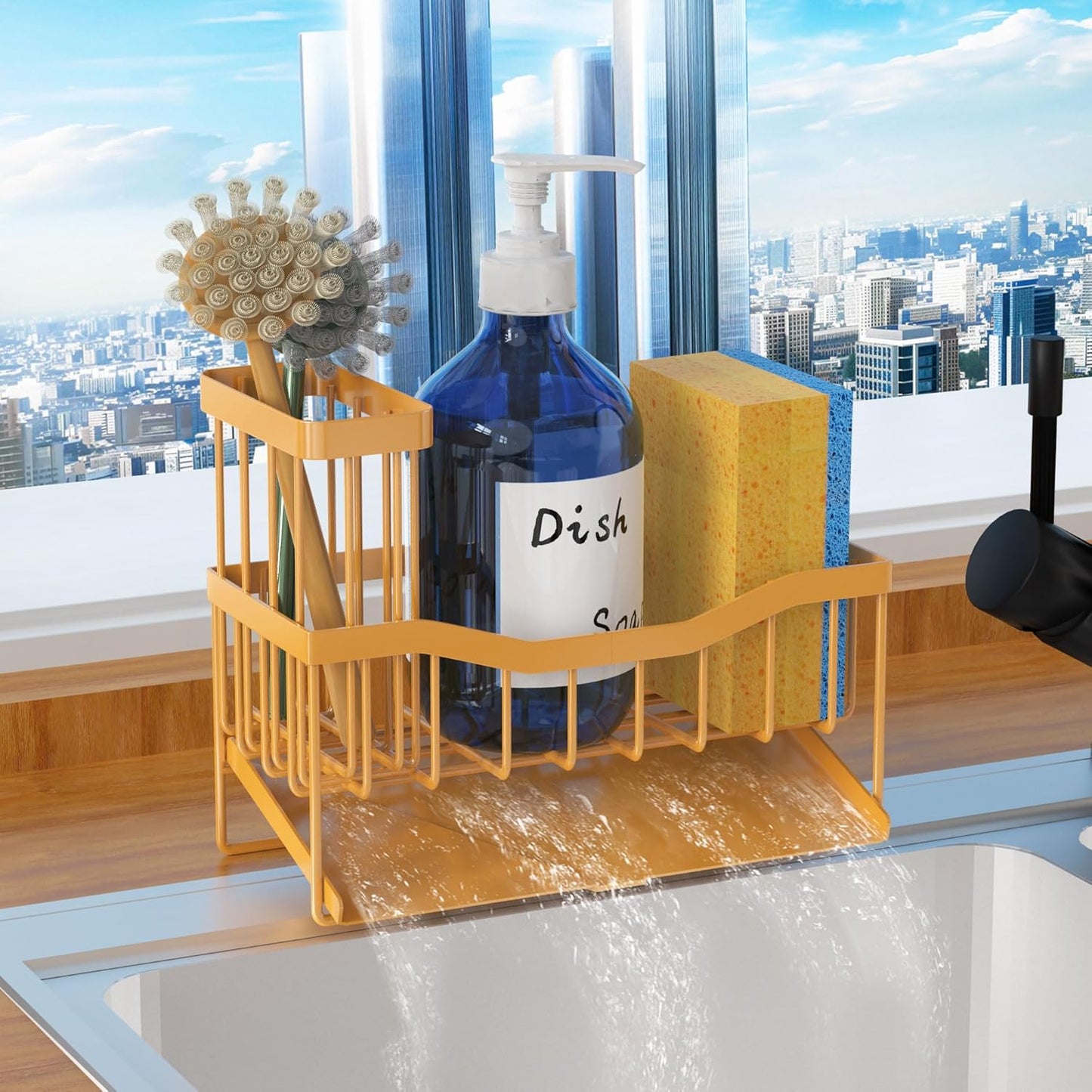 Maifan Sink Caddy Sponge Holder for Kitchen with Brush Holder and Stainless Steel Self Drain Tray, Rustproof Kitchen Sink Organizer for Sponge, Soap Dispenser Storage Accessories (Lacquer Silver)