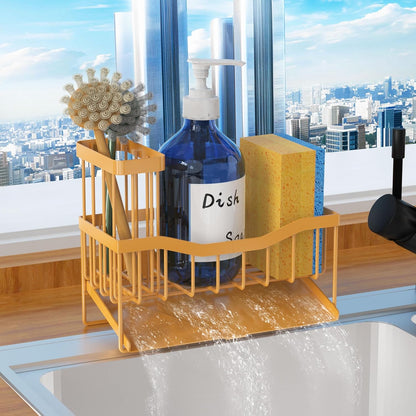 Maifan Sink Caddy Sponge Holder for Kitchen with Brush Holder and Stainless Steel Self Drain Tray, Rustproof Kitchen Sink Organizer for Sponge, Soap Dispenser Storage Accessories (Lacquer Silver)