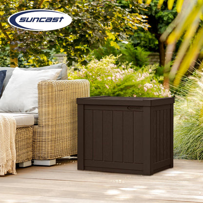Suncast 22-Gallon Small Deck Box - Lightweight Resin Indoor/Outdoor Storage Container and Seat for Patio Cushions and Gardening Tools - Store Items on Patio, Garage, Yard - Stone Gray, Made in the USA