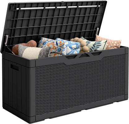 Flamaker Outdoor Storage Box 80 Gallon Resin Waterproof Deck Box Delivery Box with Wood Texture Large Storage Bin for Patio Cushions, (Grey)