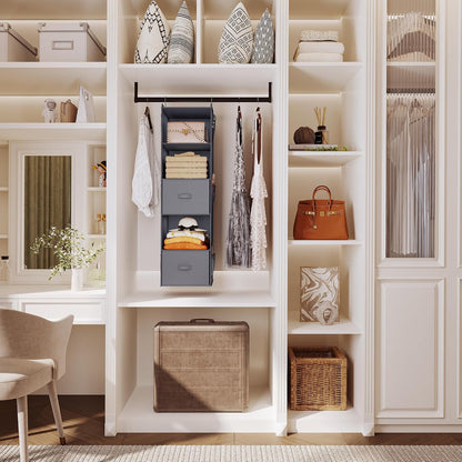 YOUDENOVA Hanging Closet Organizer, 5 Tier Hanging Closet Shelves with 6 Side Pockets and 2 Drawers, Black
