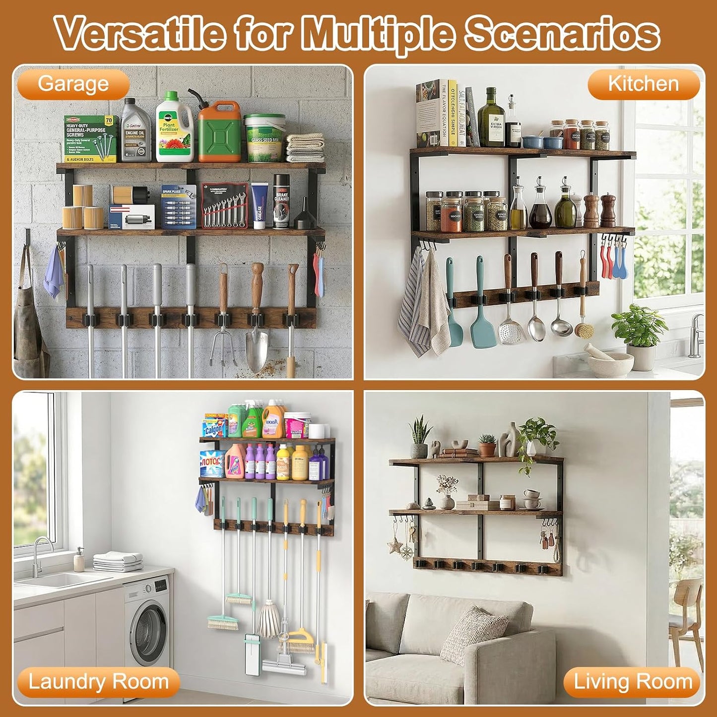 Housolution Broom Holder Wall Mount with Cleaning Supplies Organizer, 100 LBS High Load-Bearing Laundry Room Storage Shelves, Multifunctional Mop Hanger Rack with 7 Grippers & 8 Hooks