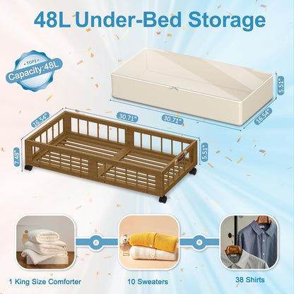 efluky 2-Pack Bamboo Under Bed Storage with Wheels, Rolling UnderBed Storage Basket with Large Dust Bag, Under Bed Storage Containers for Bedroom, Dorm and Basement, Nature