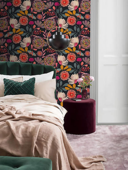 Wallpaper Peel and Stick Floral Wall Paper Removable Waterproof Navy/Pink/Orange Contact Paper for Bedroom, Bathroom,Bathroom, Home Wall 17.3" x 118"