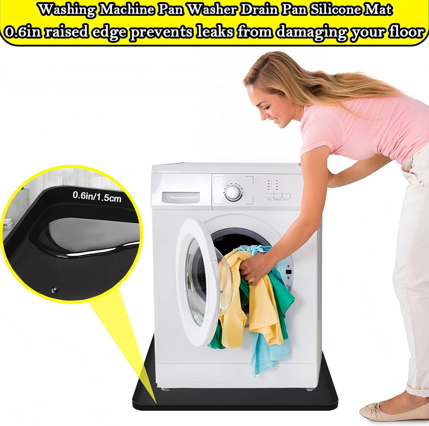 27×27inch Washer Drain Pan Silicone Mat, With Raised Edge Washing Machine Silicone Mat, Multi-function Non Slip, Soft Foldable Portable Waterproof Pad（grey）
