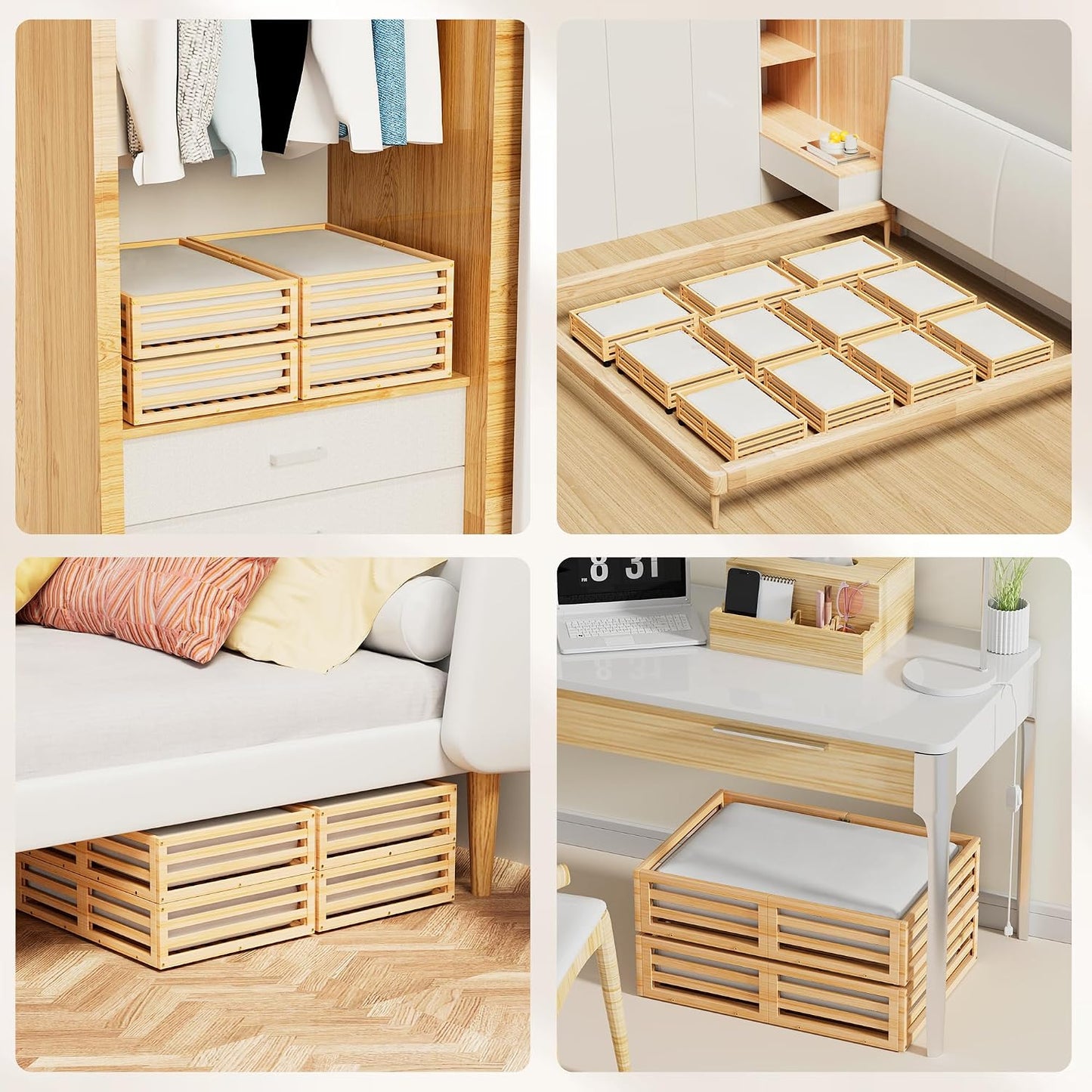 Wisuce 2 Packs Bamboo Under Bed Storage Organizer with Wheels White Small | 360° Lockable Wheels,120lbs Load Capacity, Multi-scene ,Dustproof Clear Storage Bag, Large Capacity,Easy Quick Assembly