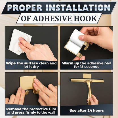 Shower Door Squeegee with Adhesive & Hanging Hooks, 12" Silicone Blade - Stainless Steel All-Purpose Squeegee for Shower Glass, Bathroom Mirror Cleaner Tool Suitable for Tile Walls - Multi-Surface Use