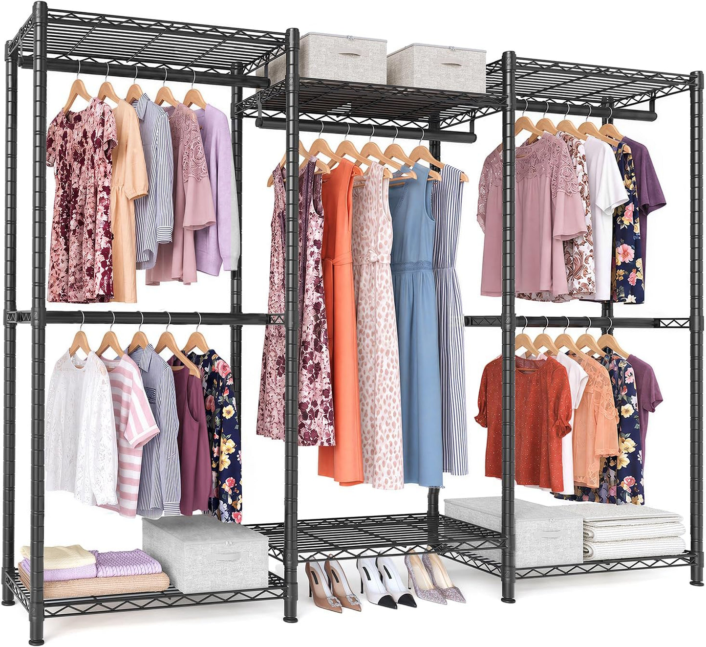 SONGMICS Heavy-Duty Clothes Rack, Garment Rack, Portable Closet, 68.7-Inch Wide Clothing Rack with Adjustable Mesh Shelves and Hanging Rails, Ink Black ULGR433B01